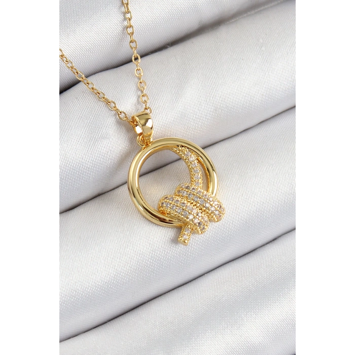 316L Çelik Zirkon Taşlı Düğüm Model Gold Renk Kadın Kolye