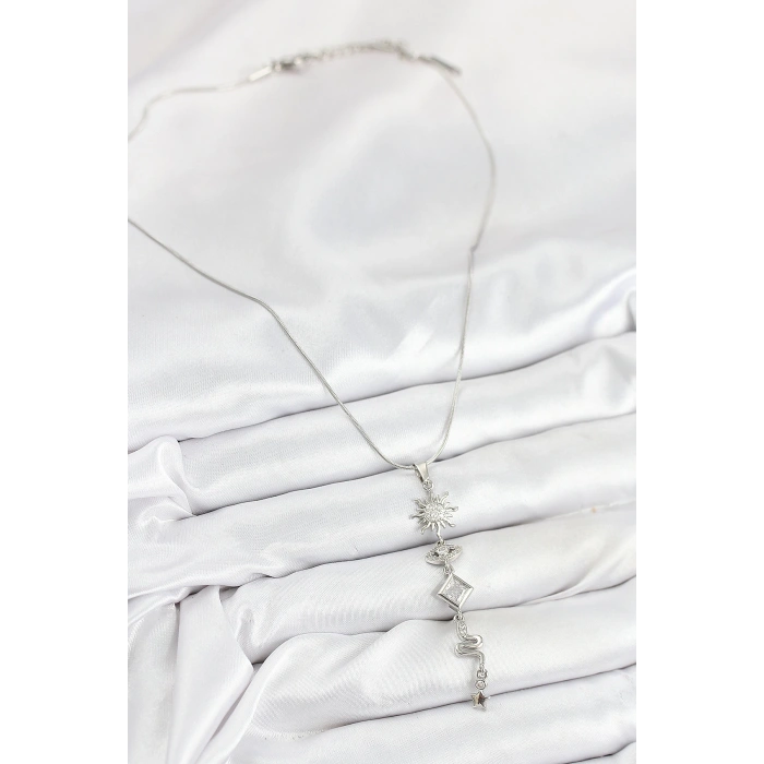 316L Çelik Zirkon Taşlı Güneş Ve Ay Enerji Model Gümüş Renk Kadın Kolye