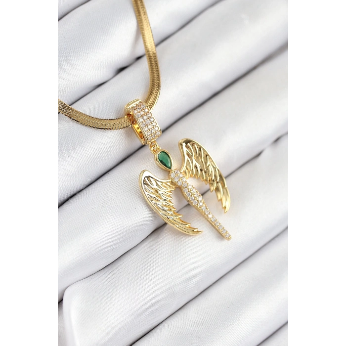 316L Çelik Zirkon Taşlı Melek Model Gold Renk Kadın Kolye