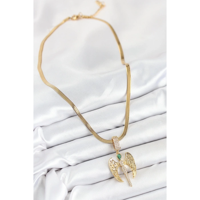 316L Çelik Zirkon Taşlı Melek Model Gold Renk Kadın Kolye