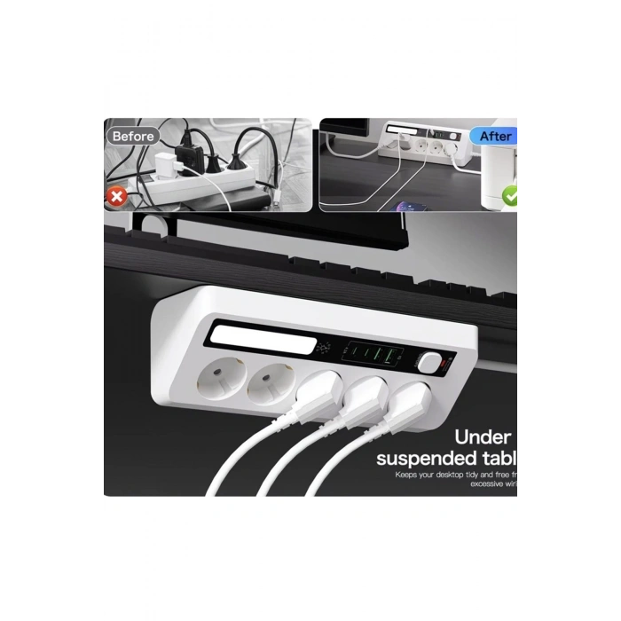 5’li Akım Korumalı Priz 2500w | 2 Usb + 2 Type-c Hızlı Şarj | Led Gece Lambalı | Dokunmatik Beyaz