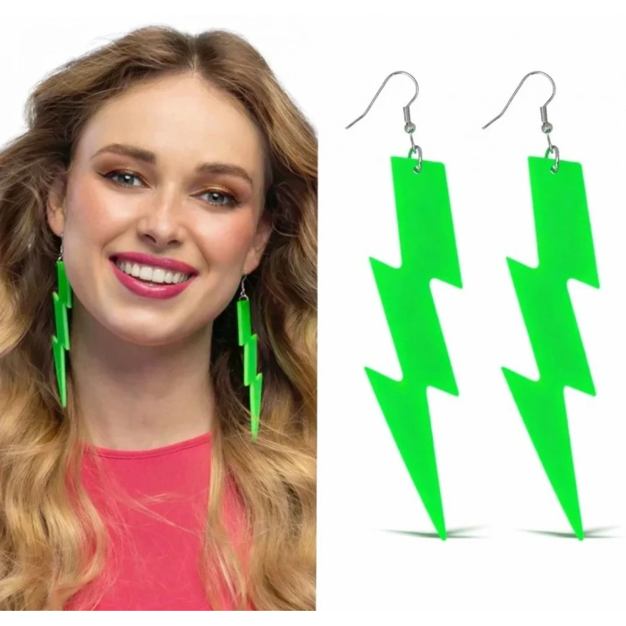 80’ler 9039lar Retro Neon Yeşil Şimşek Küpe 10 Cm