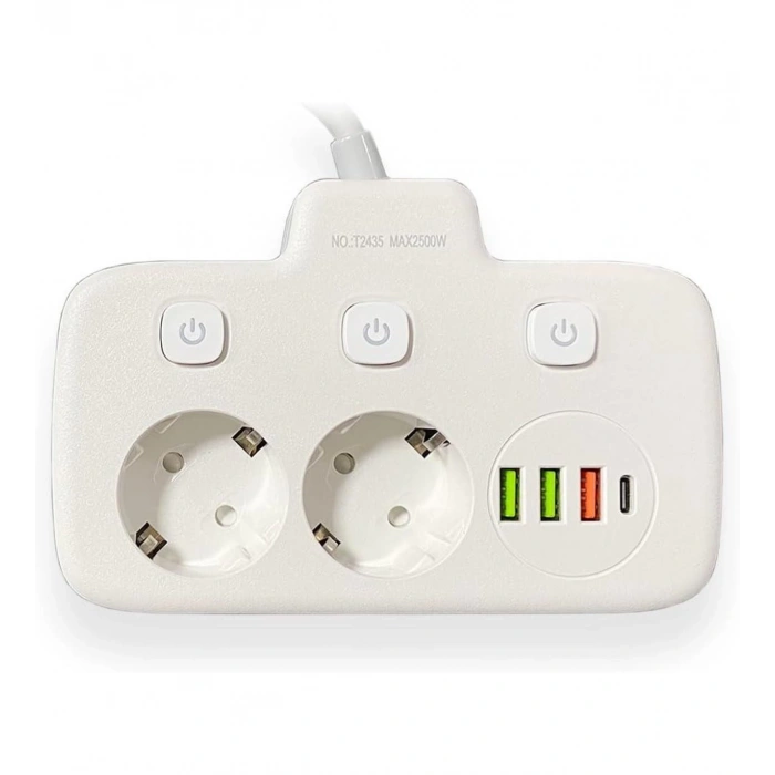 Akım Korumalı 2’li Ayrı Anahtarlı Priz, 2x Priz, 3x Usb, 1x Type-c, 2 Mt Kablo, Hızlı Şarj