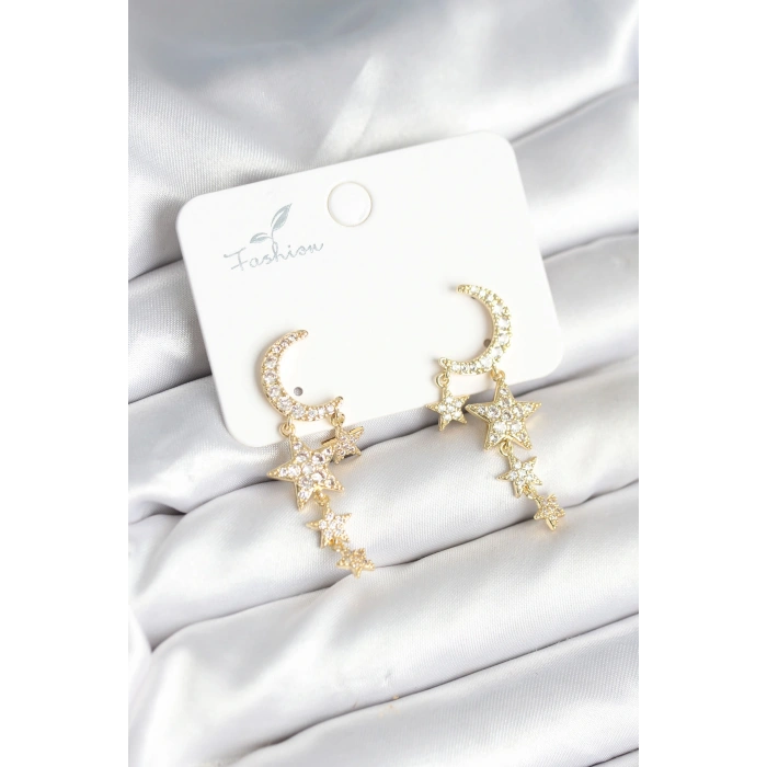 Ay ve Yıldız Model Gold Renk Pirinç Kadın Küpe