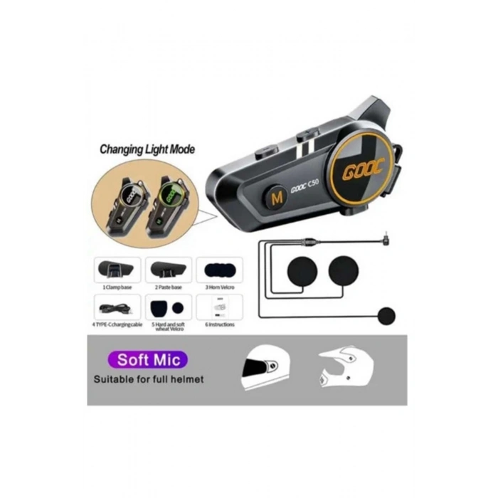 C50 Motosiklet Intercom Kask Kulaklık 1000 Mah Rgb Işıklı Bluetooth Kulaklık Ip67