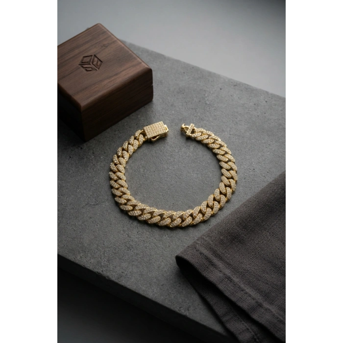 Cuban Zincir Model Zirkon Taşlı Gold Renk Erkek Bileklik