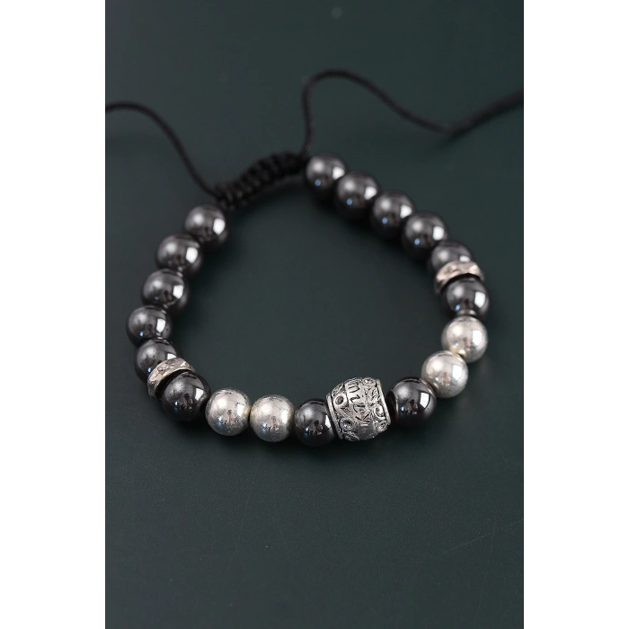 Doğal Taş Family Model Gümüş Ve Füme Renk Asansörlü Erkek Bileklik