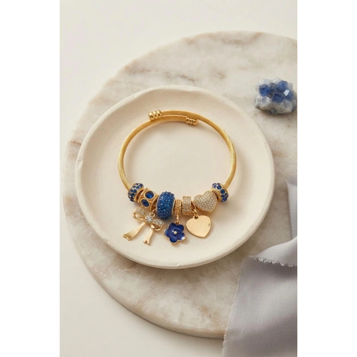 Fiyonk Charmlı Mavi Renk Gold Bileklik