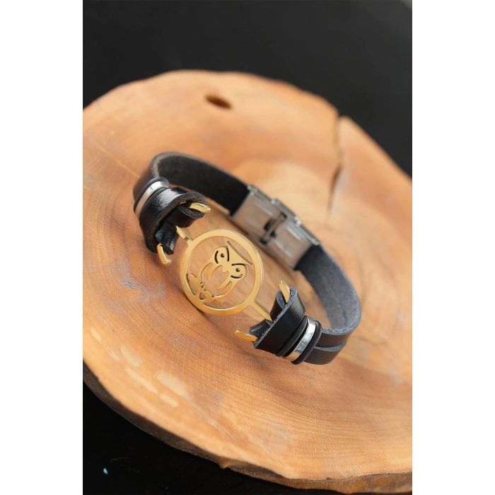 Gold Renk Baykuşlu Metal Aksesuarlı Siyah Renk Deri Erkek Bileklik