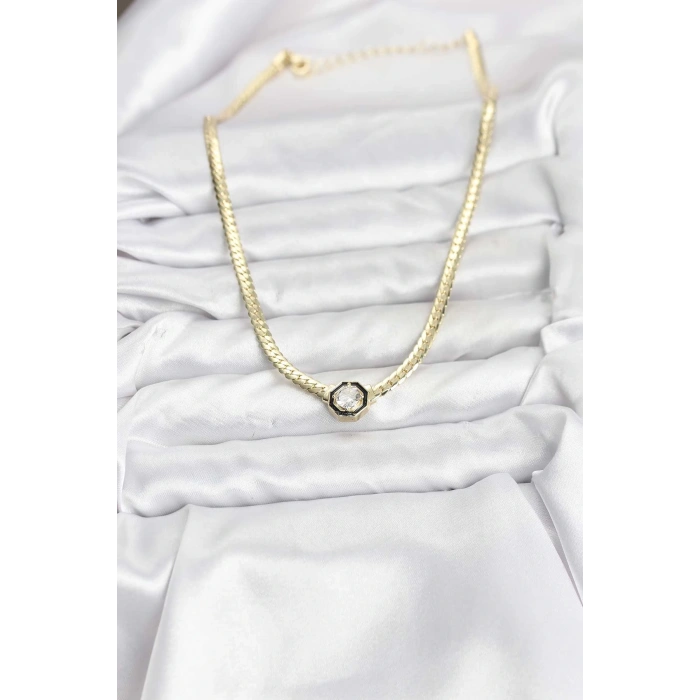 Gold Renk Pirinç Zirkon Taşlı Kadın Kolye