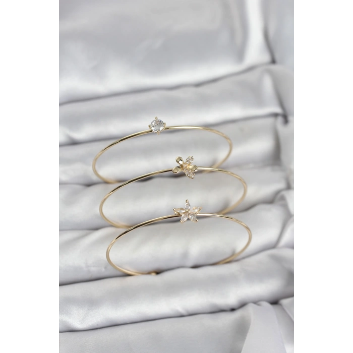 Gold Renk Zirkon Taşlı Pirinç 3lü Kadın Bileklik Kombini