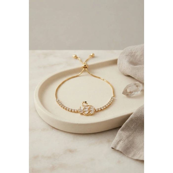 Gold Renk Zirkon Taşlı Pirinç Kuğu Model Asansörlü Bileklik