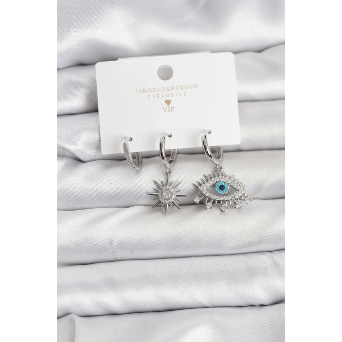 Göz Model Gümüş Renk Pirinç 3lü Kadın Küpe Seti