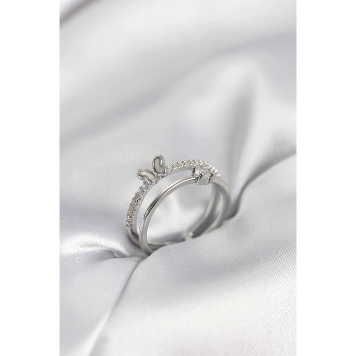 Gümüş Renk 2li Zirkon Taşlı Kelebek Model Kadın Yüzük