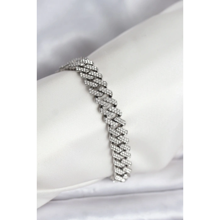 Gümüş Renk Pirinç Cuba Chain Gurmet Bileklik