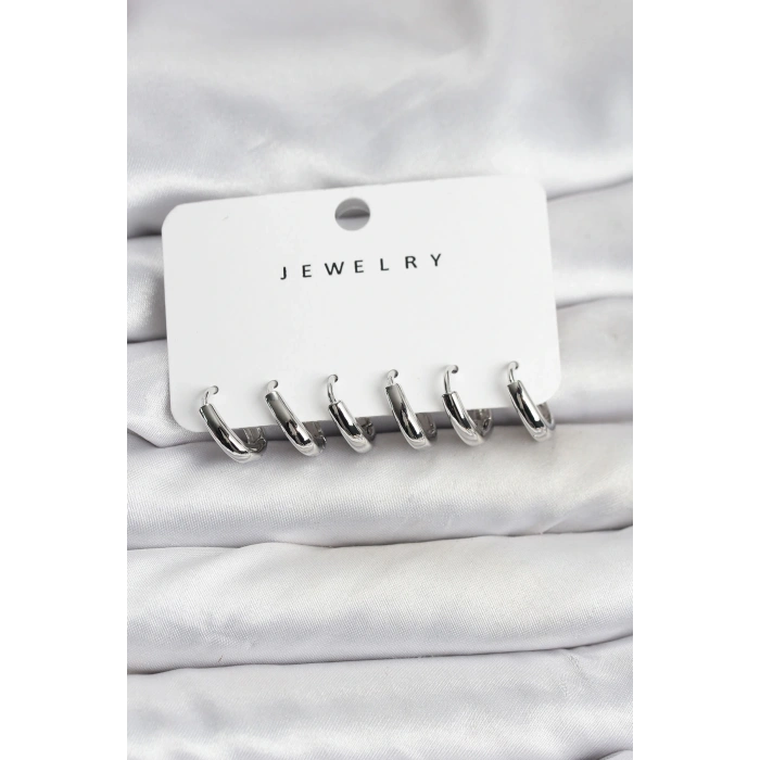 Gümüş Renk Pirinç Halka Kadın Küpe Seti