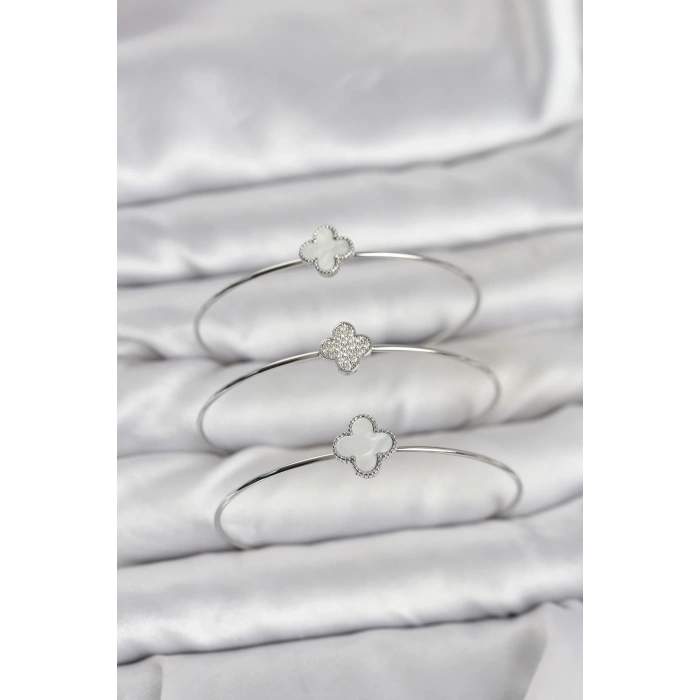 Gümüş Renk Yonca Model Zirkon Taşlı 3lü Kadın Bileklik Kombini