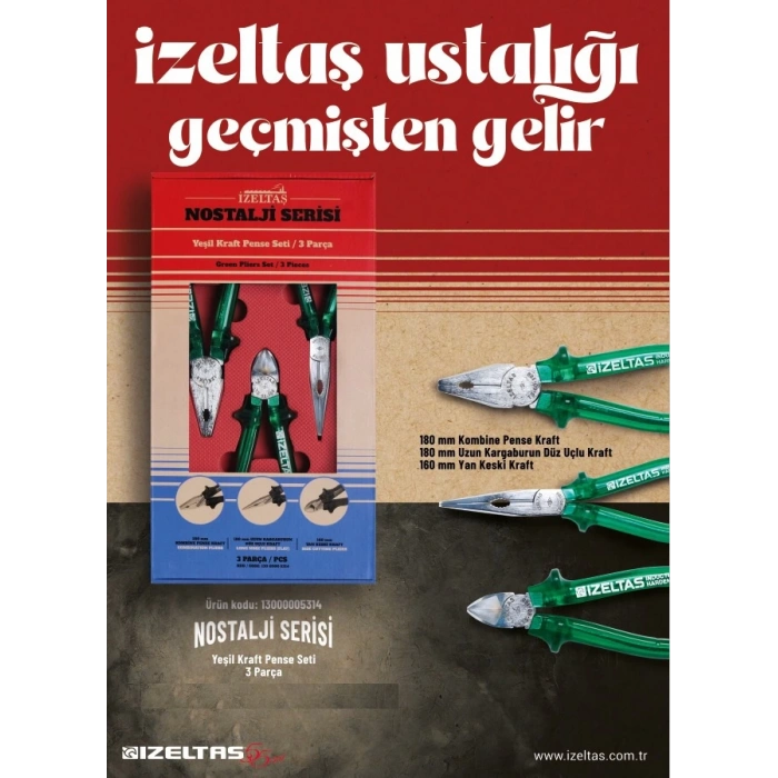 İzeltaş 13000005314 Nostalji Serisi Kraft Pense Seti 3 Parça