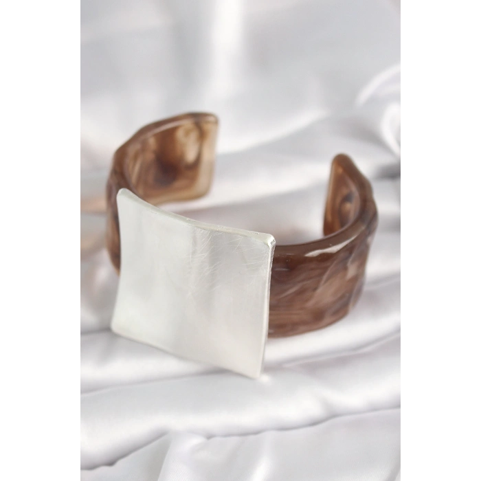 Kahverengi Mermer Desen Akrilik Plastik Gümüş Kare Plaka Model Vintage Kadın Bilezik