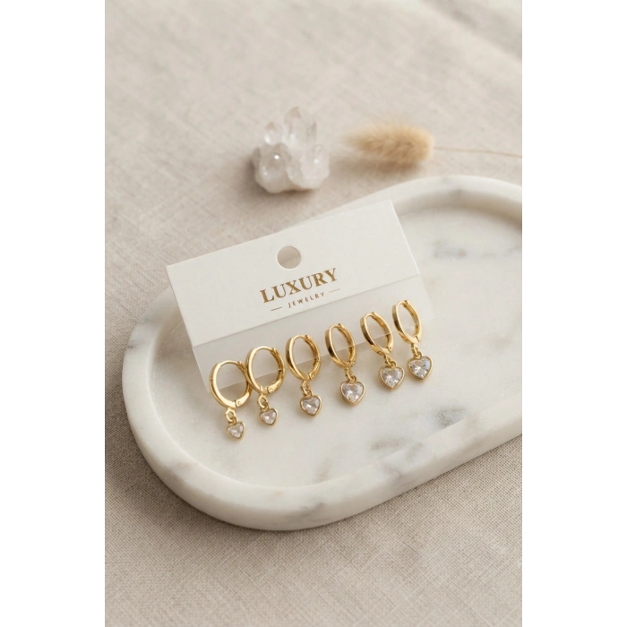 Kalp Zirkon Taşlı Gold Renk Pirinç Set Küpe
