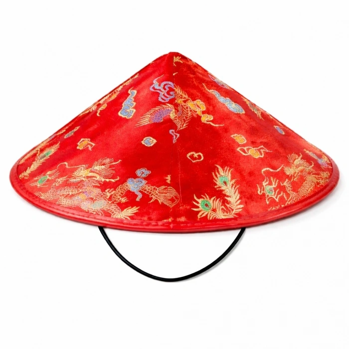 Kırmızı Saten Çin Desenli Dragon İşlemeli Şapka – Lastikli