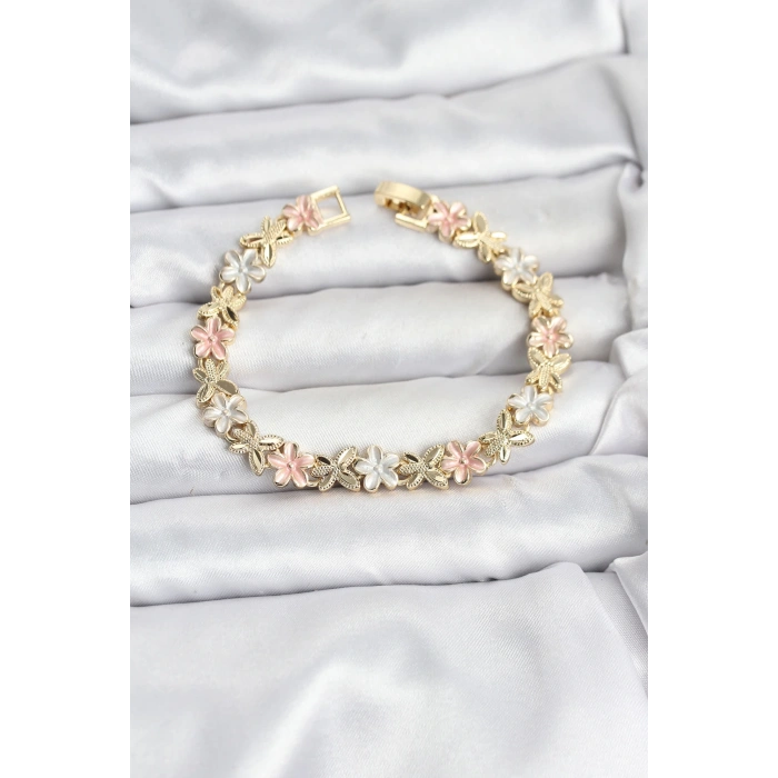 Lotus Model Pirinç Gold ve Pembe Renk Kadın Bileklik