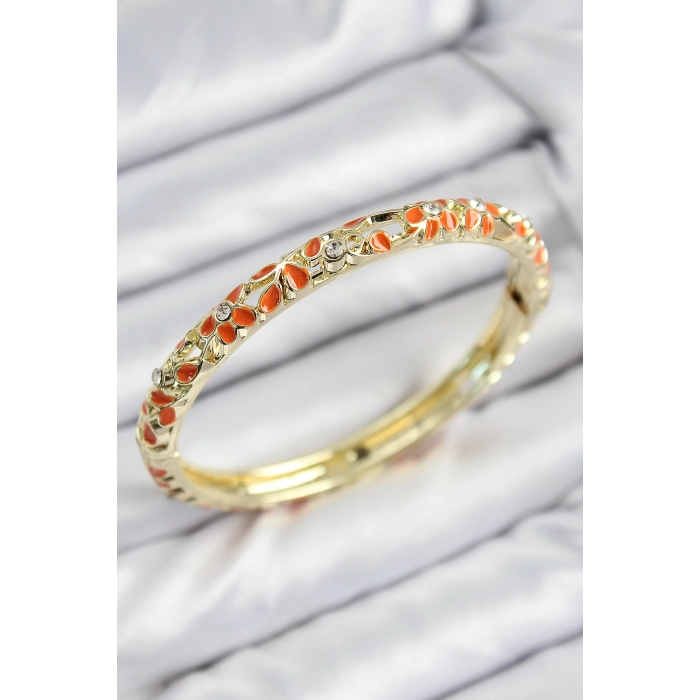 Mineli Pirinç Zirkon Taşlı Turuncu Çiçek Motifli Gold Kadın Kelepçe
