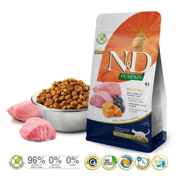 N&D Pumpkin Kuzu ve Yaban Mersinli Kısırlaştırılmış Kedi Maması 1.5 Kg