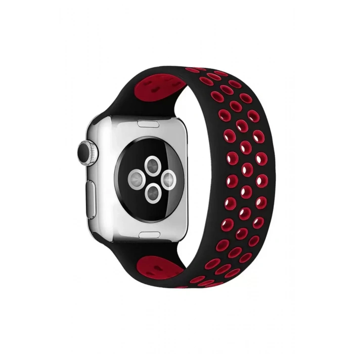 Newface Apple Watch 38mm Ayarlı Delikli Silikon Kordon - Siyah-kırmızı