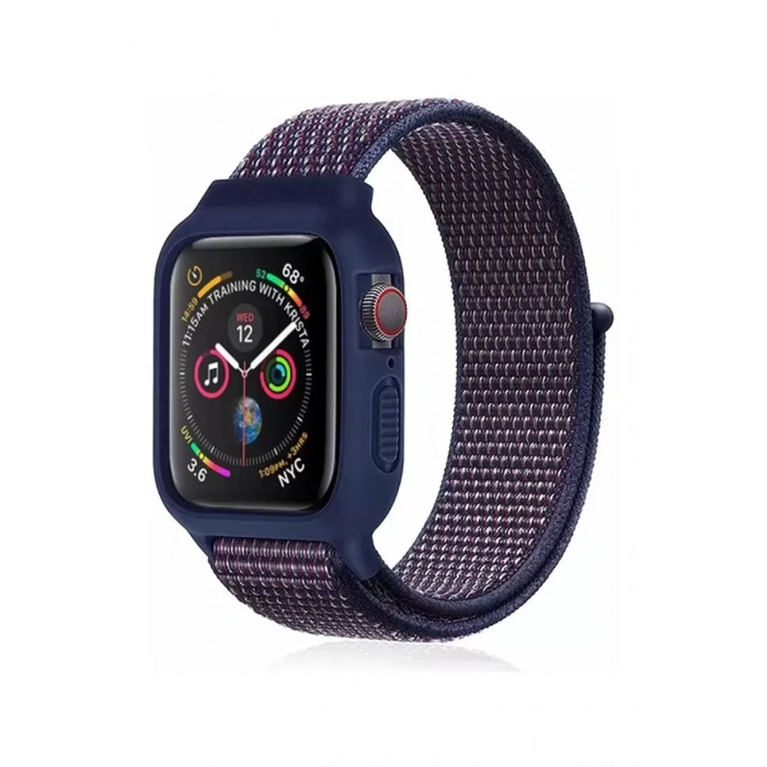 Newface Apple Watch 38mm Hasırlı Cırtcırtlı Kasalı Kordon - Lacivert-mürdüm
