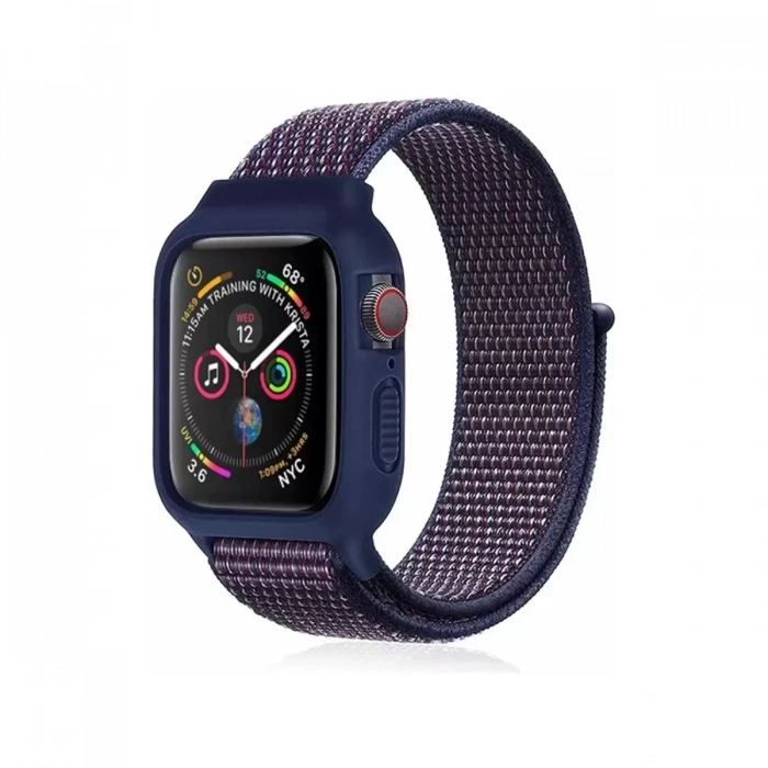 Newface Apple Watch 38mm Hasırlı Cırtcırtlı Kasalı Kordon - Lacivert-mürdüm