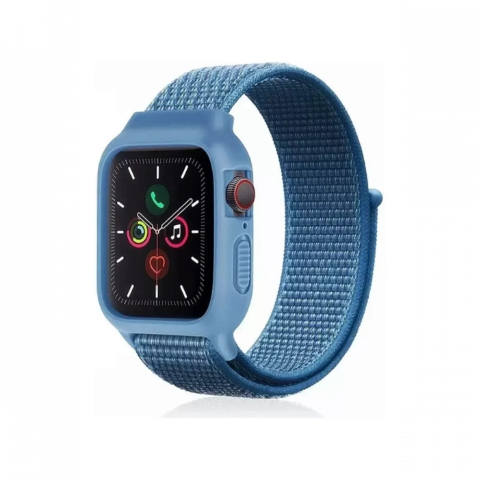 Newface Apple Watch 38mm Hasırlı Cırtcırtlı Kasalı Kordon - Mavi