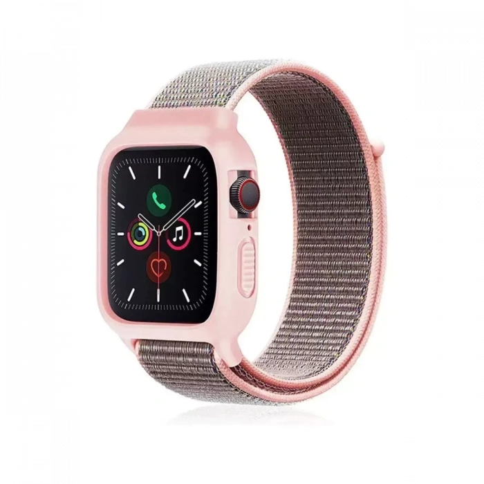 Newface Apple Watch 38mm Hasırlı Cırtcırtlı Kasalı Kordon - Pembe