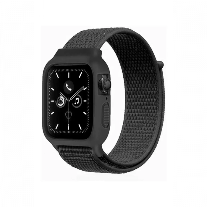 Newface Apple Watch 38mm Hasırlı Cırtcırtlı Kasalı Kordon - Siyah