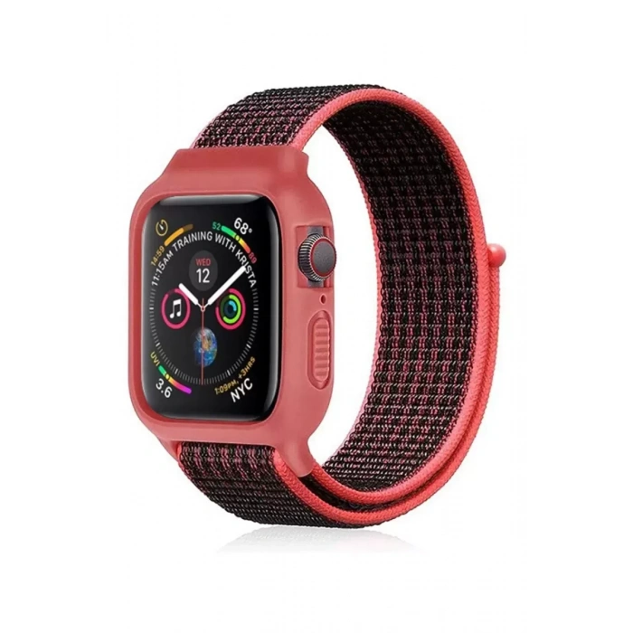 Newface Apple Watch 38mm Hasırlı Cırtcırtlı Kasalı Kordon - Siyah-pembe