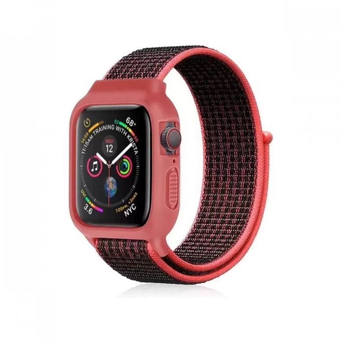 Newface Apple Watch 38mm Hasırlı Cırtcırtlı Kasalı Kordon - Siyah-pembe