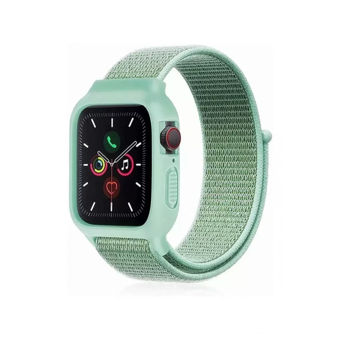 Newface Apple Watch 38mm Hasırlı Cırtcırtlı Kasalı Kordon - Turkuaz