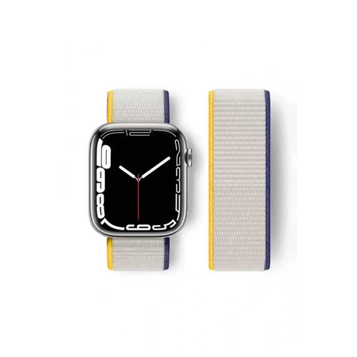 Newface Apple Watch 38mm Hasırlı Cırtcırtlı Kordon - Sarı-beyaz