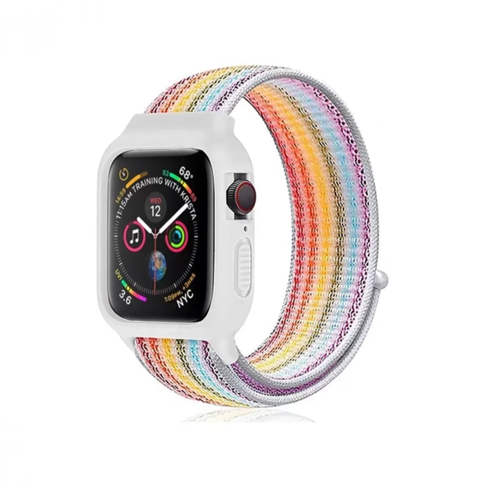 Newface Apple Watch 42mm Hasırlı Cırtcırtlı Kasalı Kordon - Gökkuşağı 2