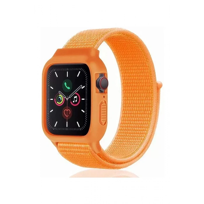 Newface Apple Watch 42mm Hasırlı Cırtcırtlı Kasalı Kordon - Turuncu