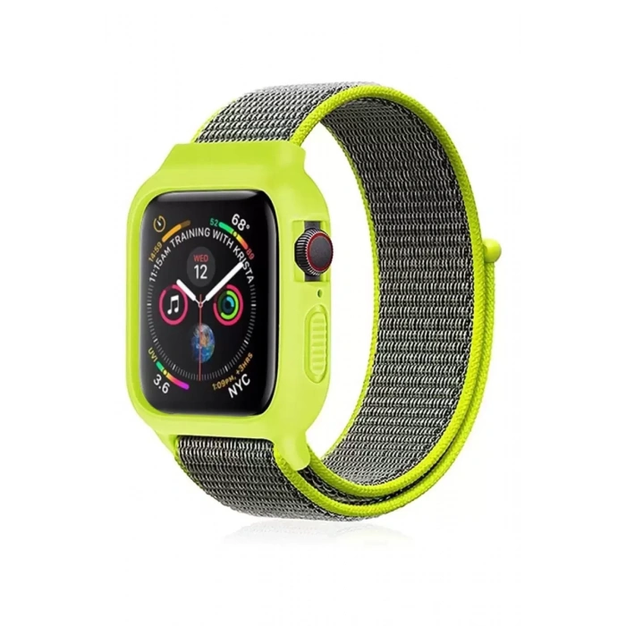 Newface Apple Watch 42mm Hasırlı Cırtcırtlı Kasalı Kordon - Yeşil
