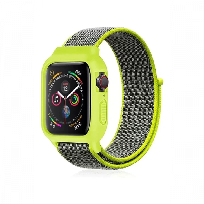Newface Apple Watch 42mm Hasırlı Cırtcırtlı Kasalı Kordon - Yeşil
