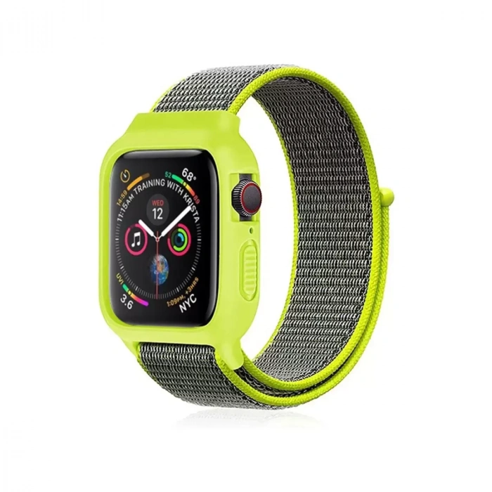 Newface Apple Watch 42mm Hasırlı Cırtcırtlı Kasalı Kordon - Yeşil