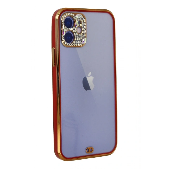 Newface iPhone 12 Kılıf Liva Taşlı Silikon - Kırmızı