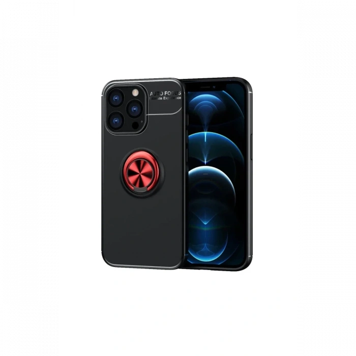 Newface iPhone 13 Pro Max Kılıf Range Yüzüklü Silikon - Siyah-Kırmızı