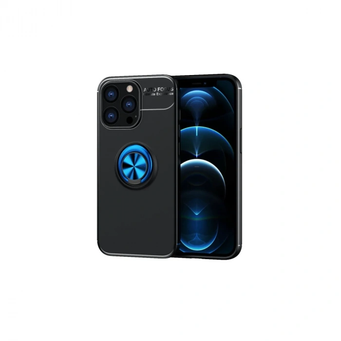 Newface iPhone 13 Pro Max Kılıf Range Yüzüklü Silikon - Siyah-Mavi