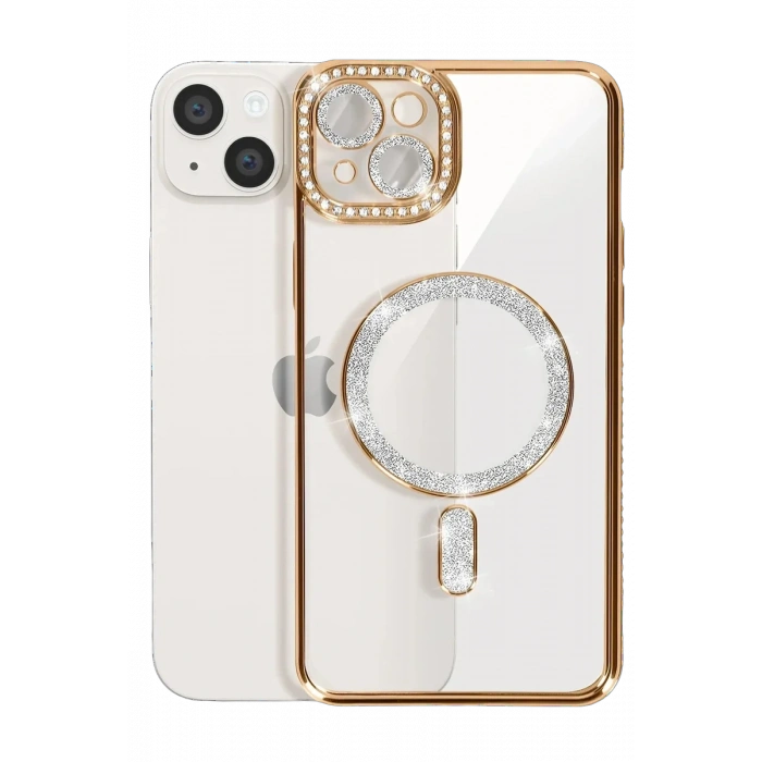 Newface iPhone 15 Kılıf Joke Simli Magneticsafe Kılıf - Gold