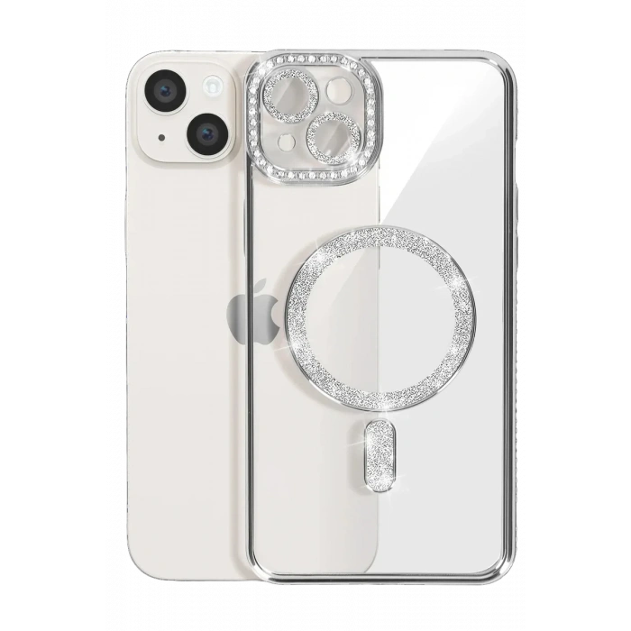 Newface iPhone 15 Kılıf Joke Simli Magneticsafe Kılıf - Gümüş