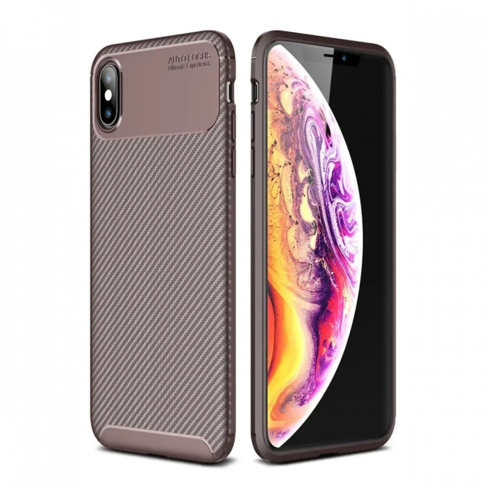 Newface iPhone XS Max Kılıf Auto Focus Karbon Kapak - Kahverengi