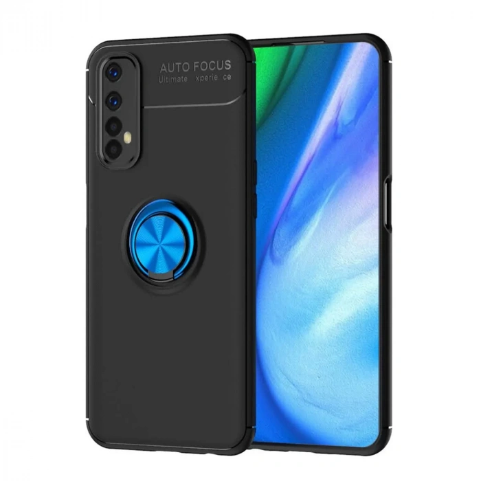 Newface Realme 7 Kılıf Range Yüzüklü Silikon - Siyah-Mavi